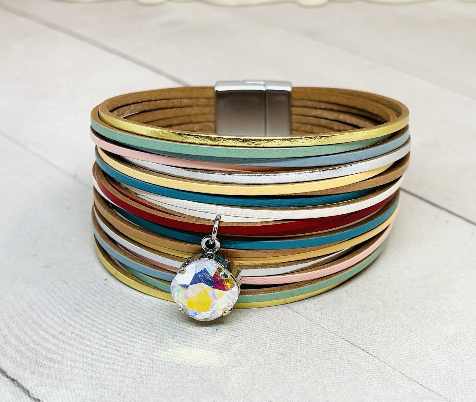 7 Inch BOHO Bracelet made with Aurora Borealis Austrian Crystals and Leather