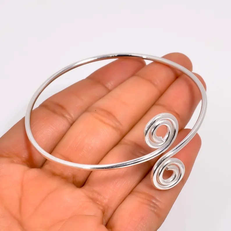 Handmade 925 Sterling Silver Spiral Adjustable Artisan Round Cuff Bracelet