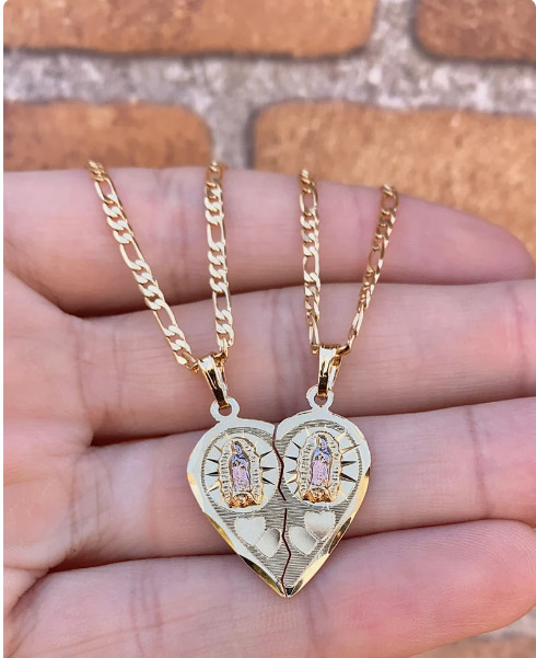 Virgencita de Guadalupe Pendant Heart Broken 14K Gold Filled Necklace 22″ Figaro