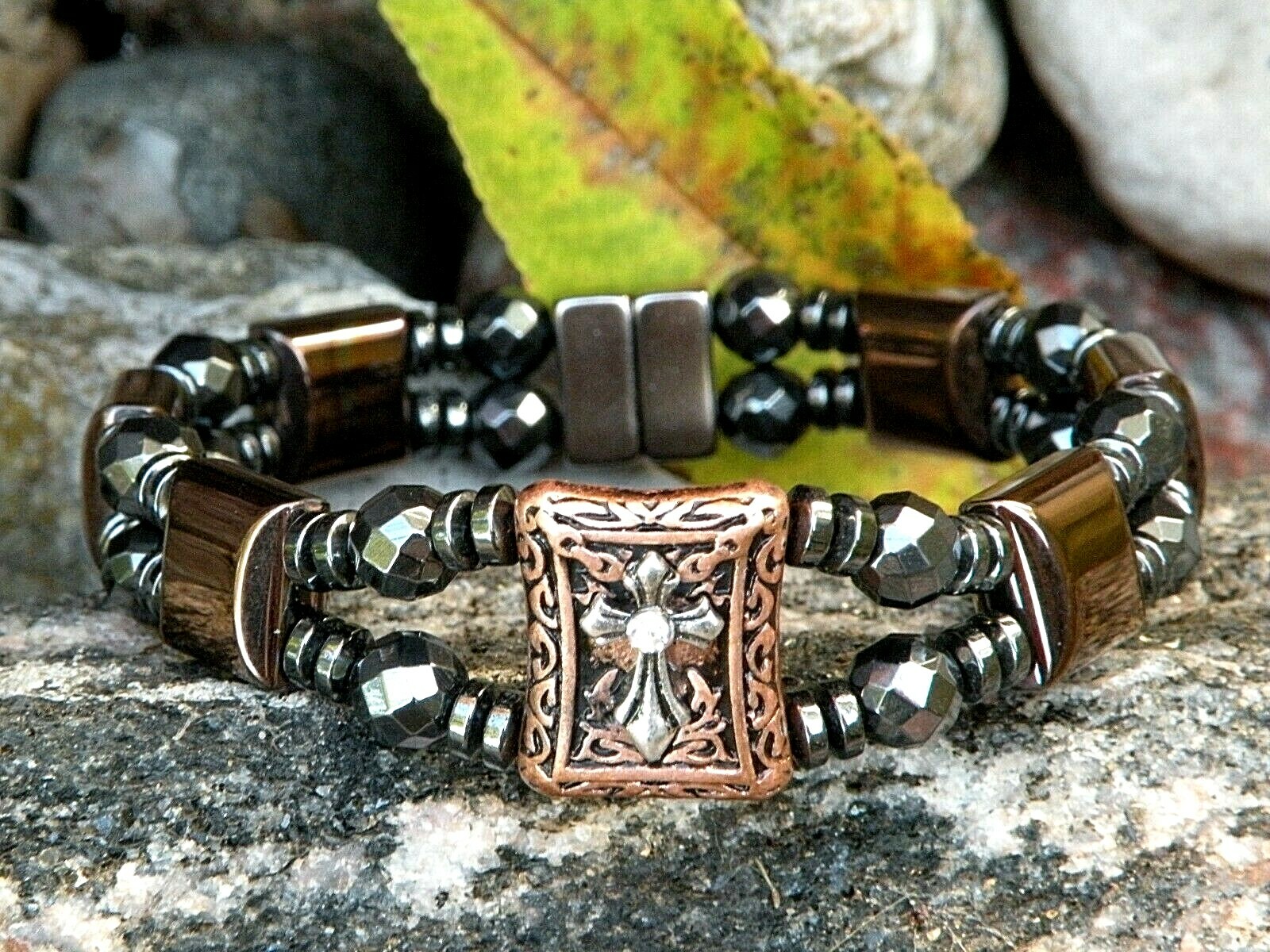 Copper n Black Magnetic Hematite Bracelet Anklet 2 Row Cross Slider