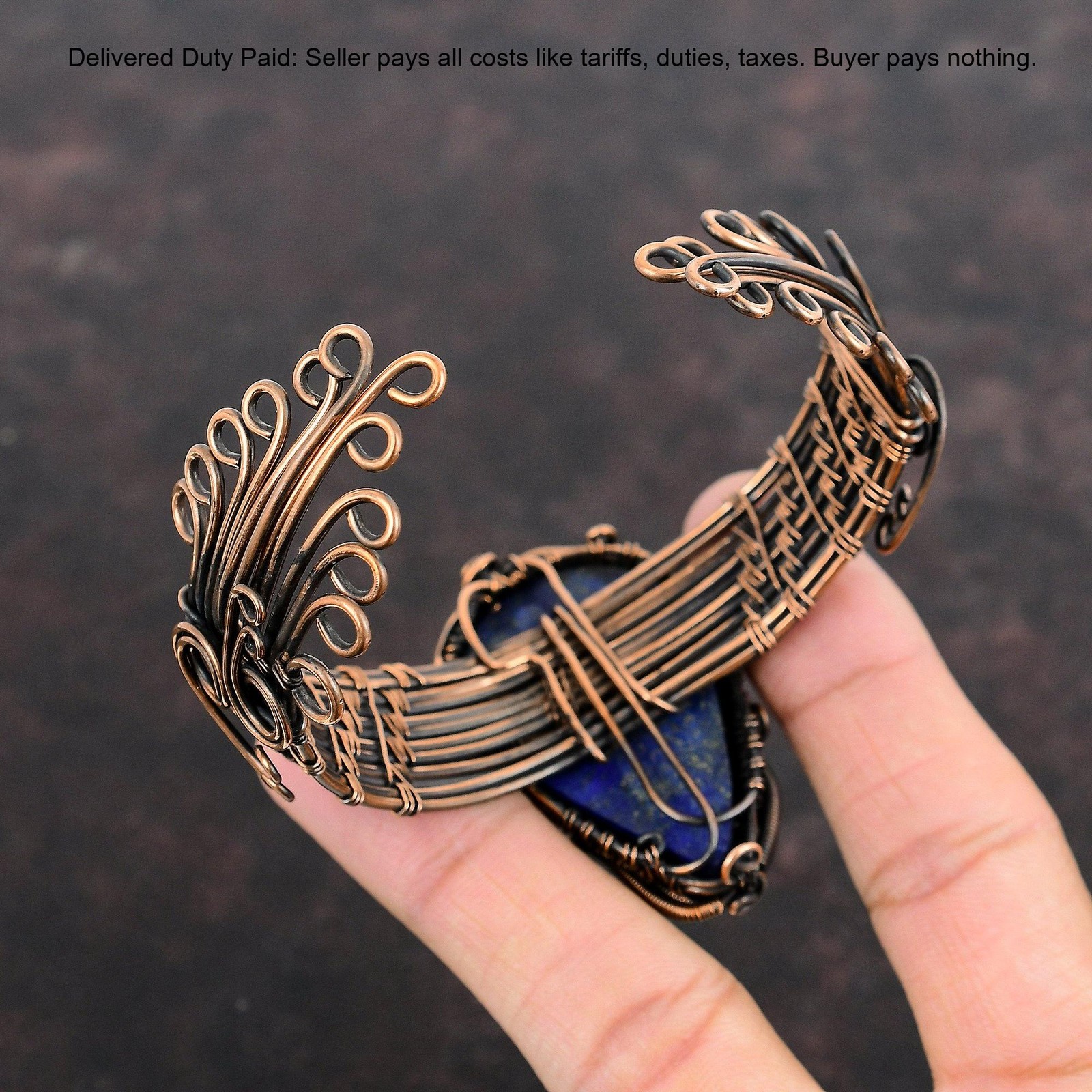 Copper September Lapis Lazuli Gemstone Wire Wrapped Handcrafted Bangle Jewelry