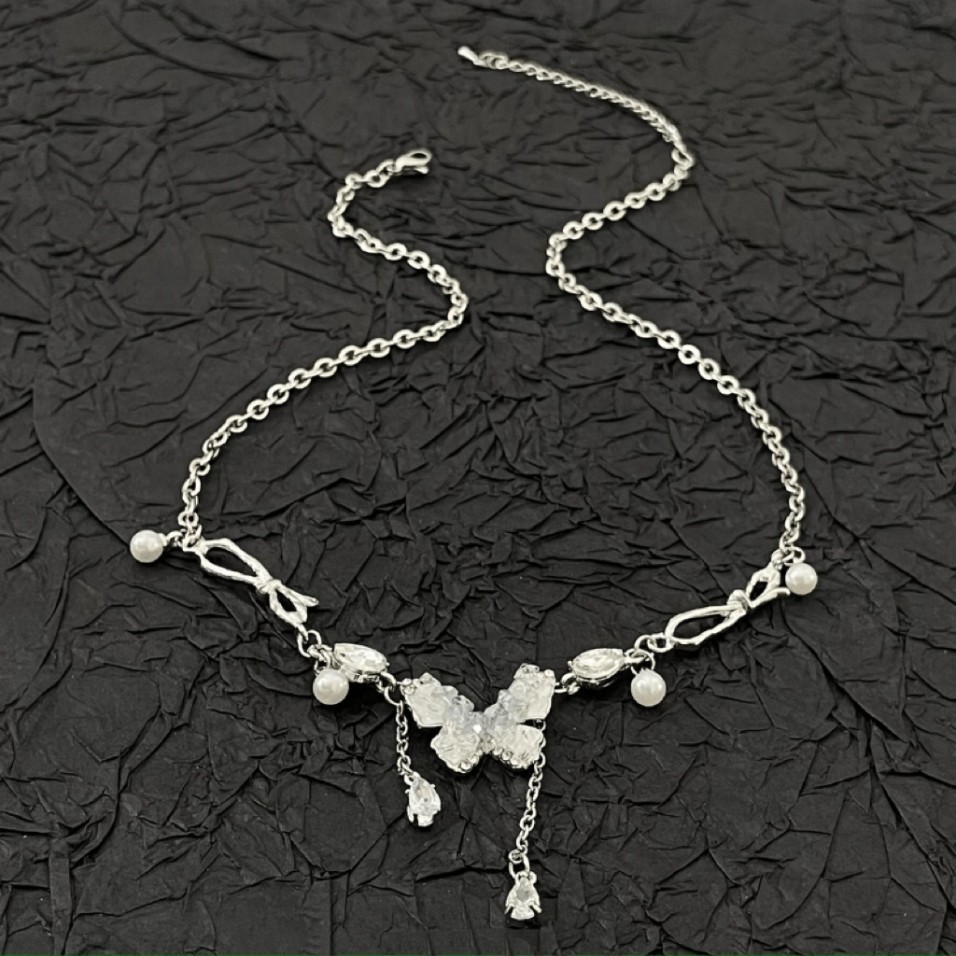Gradient Blue Crystal Butterfly Pearl Tassel Silver Plated CZ Choker Necklace