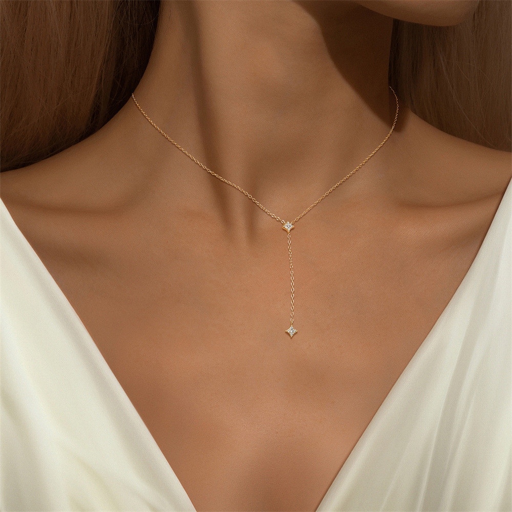 Gold Plated 925 Sterling Silver CZ Four Point Star Y Lariat Necklace