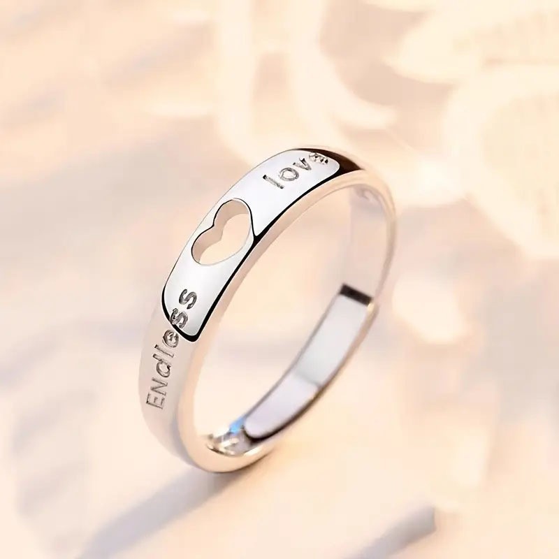 Men’s and Women’s Hollowed Heart Rhinestone Ring Open Zinc Alloy Couples Ring
