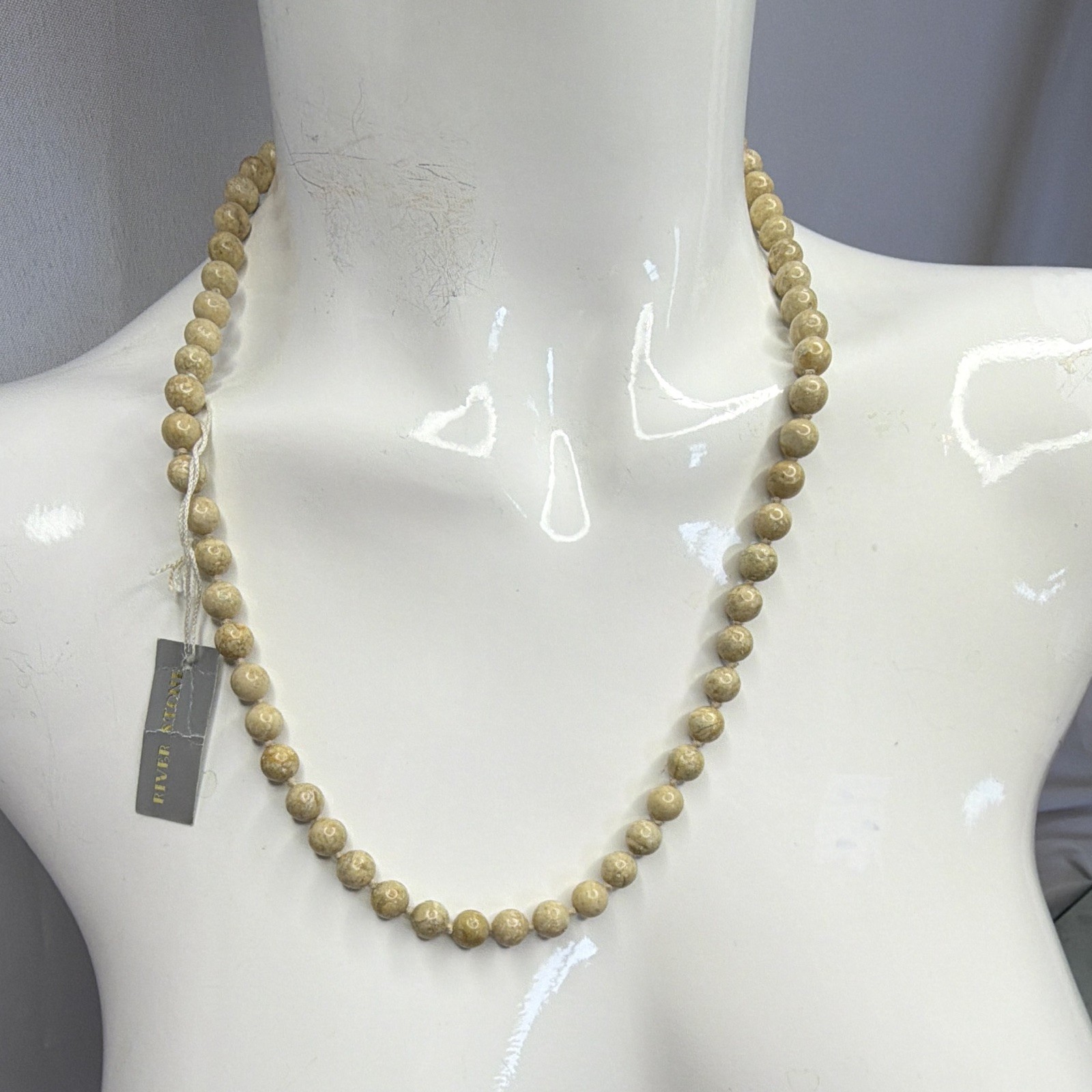 Riverstone Semi Precious Stone Bead Necklace Beige Tan Round Natural Stone 18”