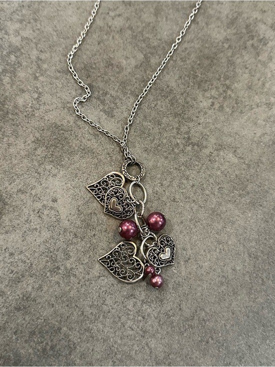 Filigree Heart Pendant Necklace Purple Beads Silver Tone Chain 30-32 Inch Womens