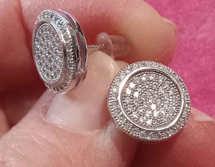 925 Sterling Silver Round-Cut Shaped C Z Button Stud Earrings