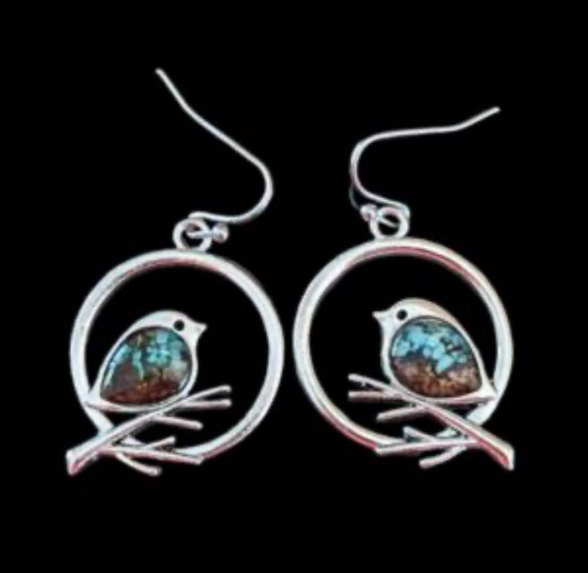 Beautiful Unique Bird Branch Earrings, Turquoise Sand Inlaid