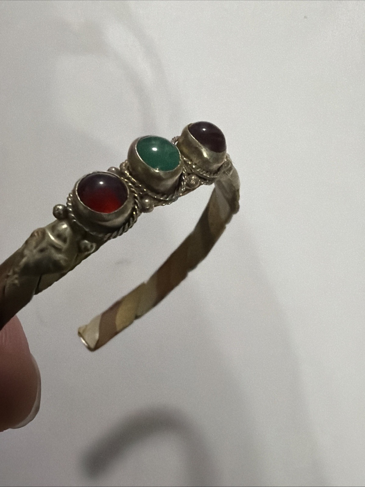 Vintage 3 Metal Braided Cuff Rope, Green & Red Stone, Copper Tone Bracelet —(G)
