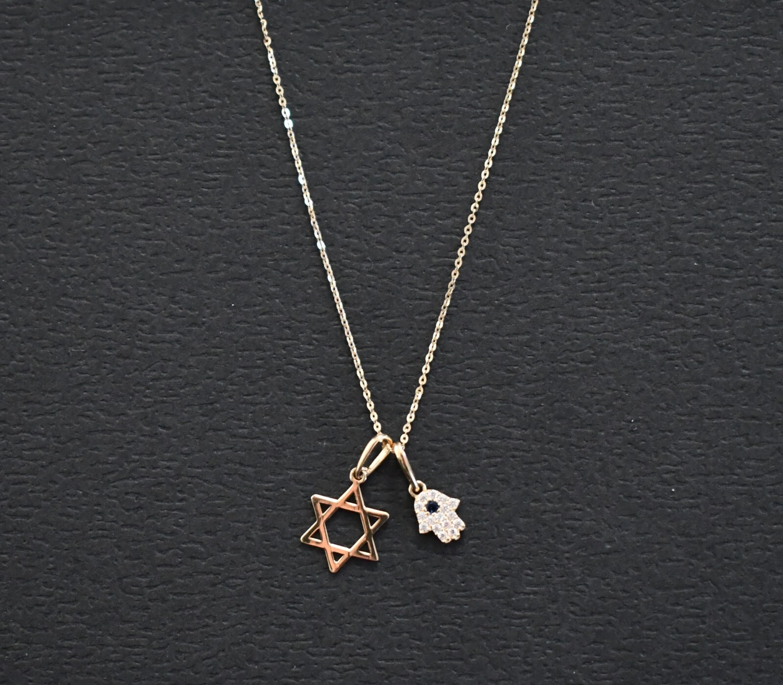 New 14K YELLOW GOLD STAR OF DAVID & HAMSA with CZ Stones Pendant Necklace