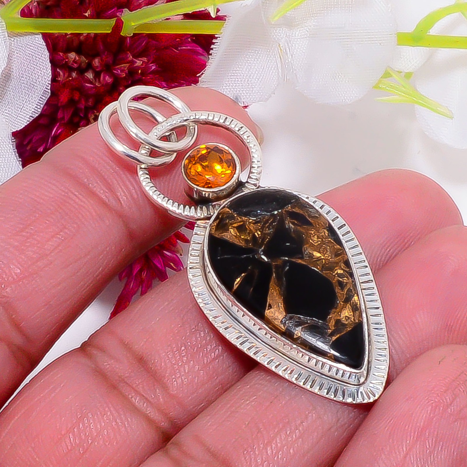 Copper Black Obsidian & Golden Quartz 925 Sterling Silver Pendant 2.03″ sku10