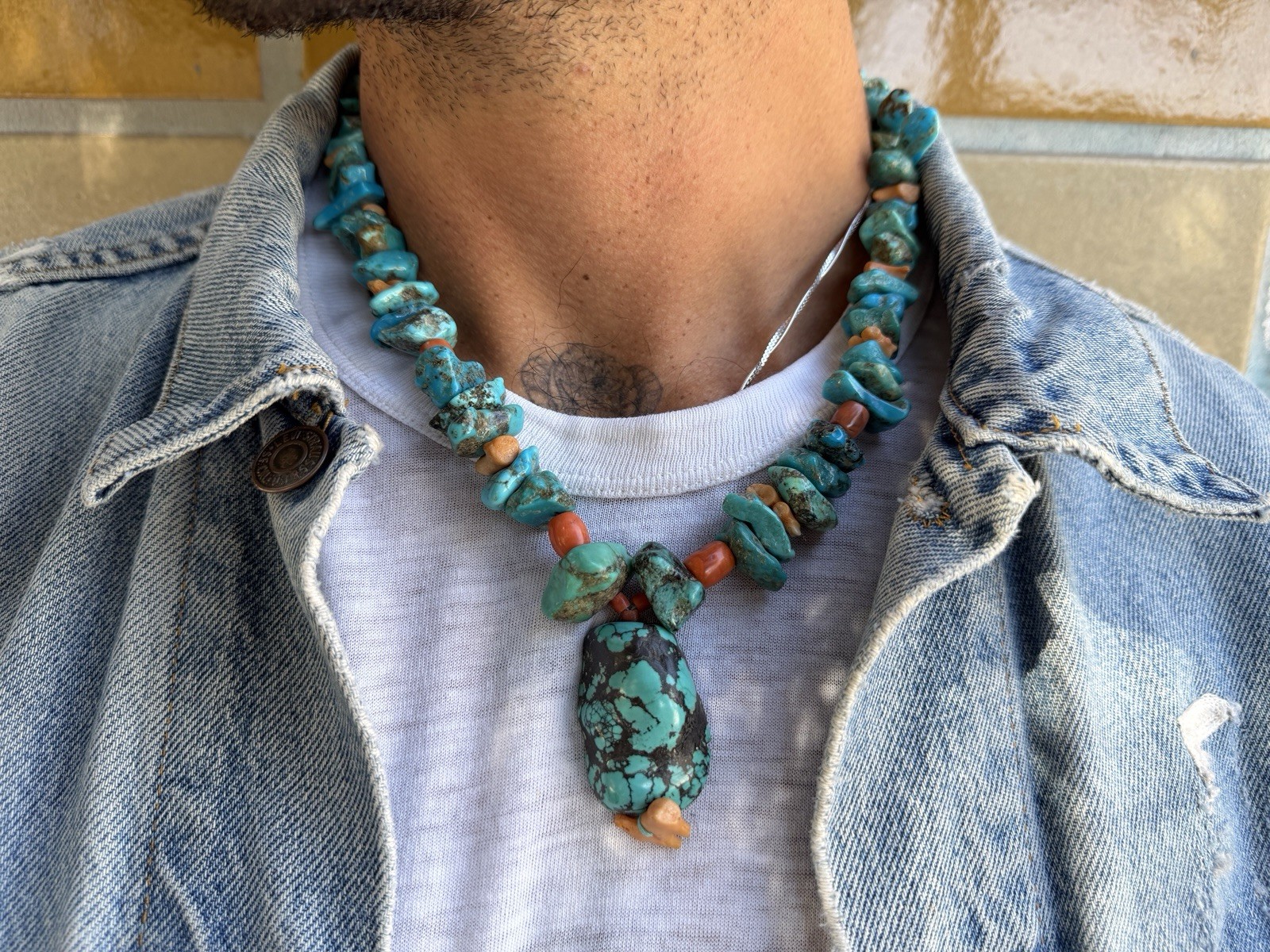70s VTG Turquoise and Coral Chunky Necklace