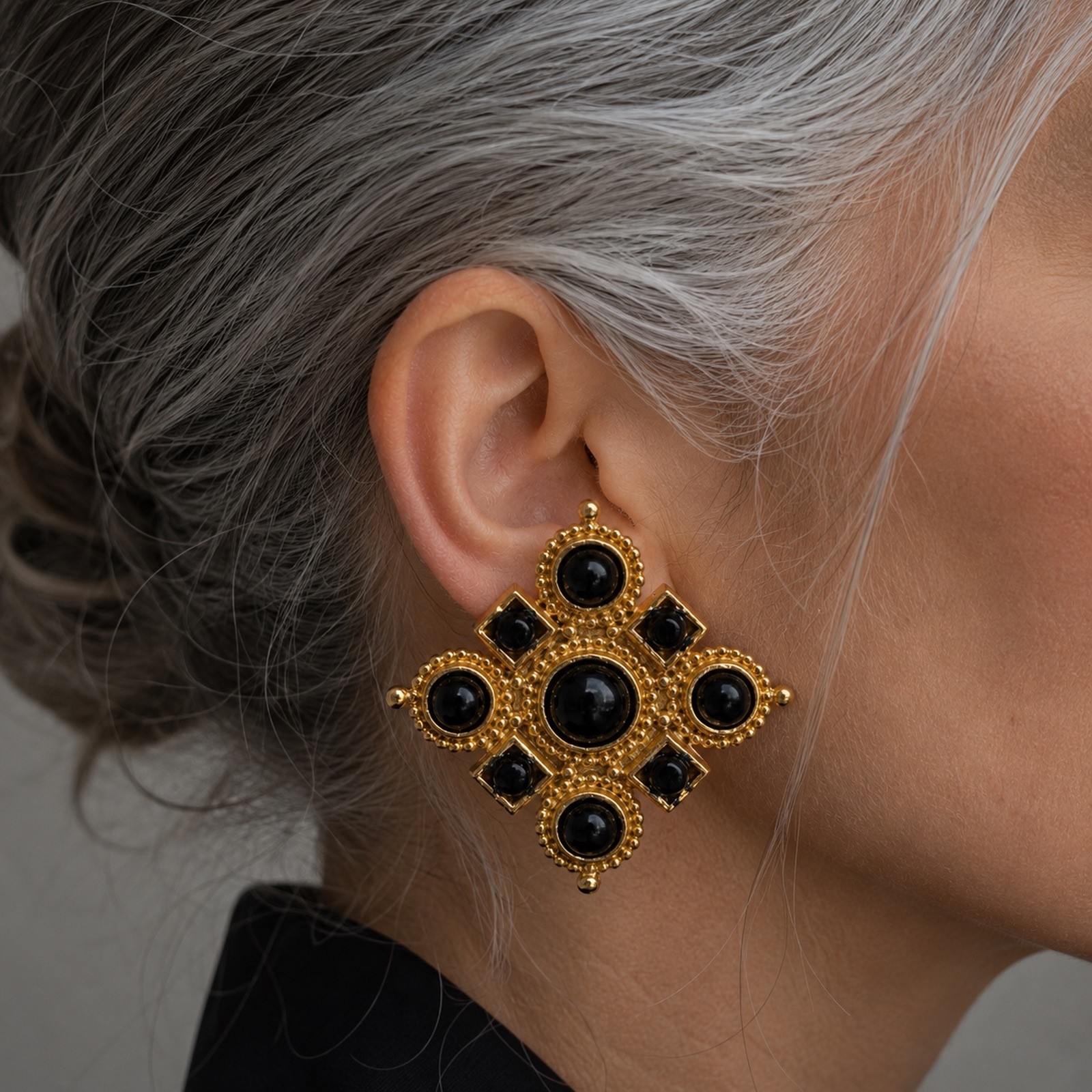 Vintage Edouard Rambaud Paris Clip Earrings Byzantine Cross Black Cabochons 1980