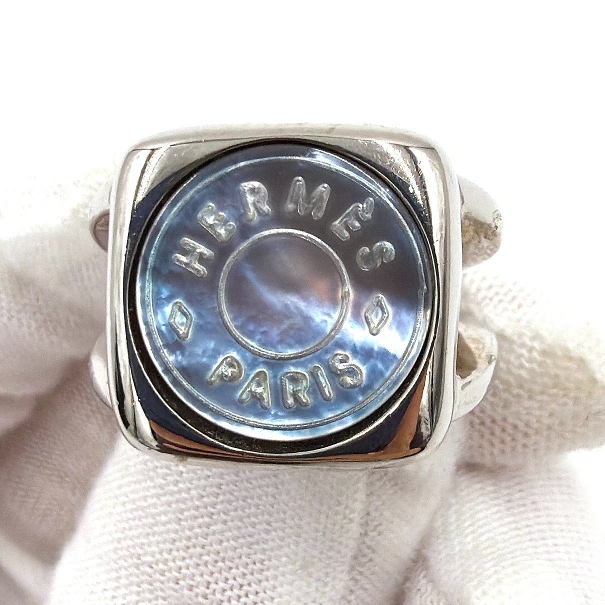 Hermes Serie Sellier Mother of Pearl Shell Square Ring Silver Size 51 10.8g Auth