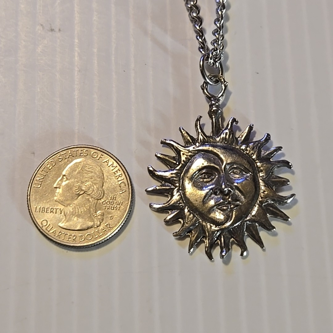 SUN & MOON FACES Pewter Pendant Charm / 18″-24″ STAINLESS CURB CHAIN NECKLACE