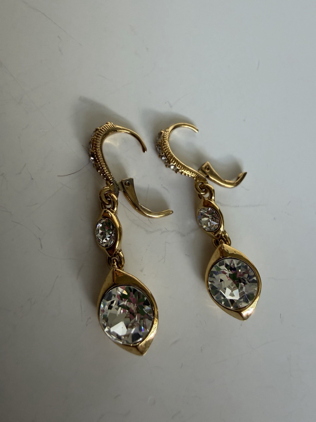 Givenchy Gold Tone Swarovski Crystal Double Drop Teardrop Leverback Earrings