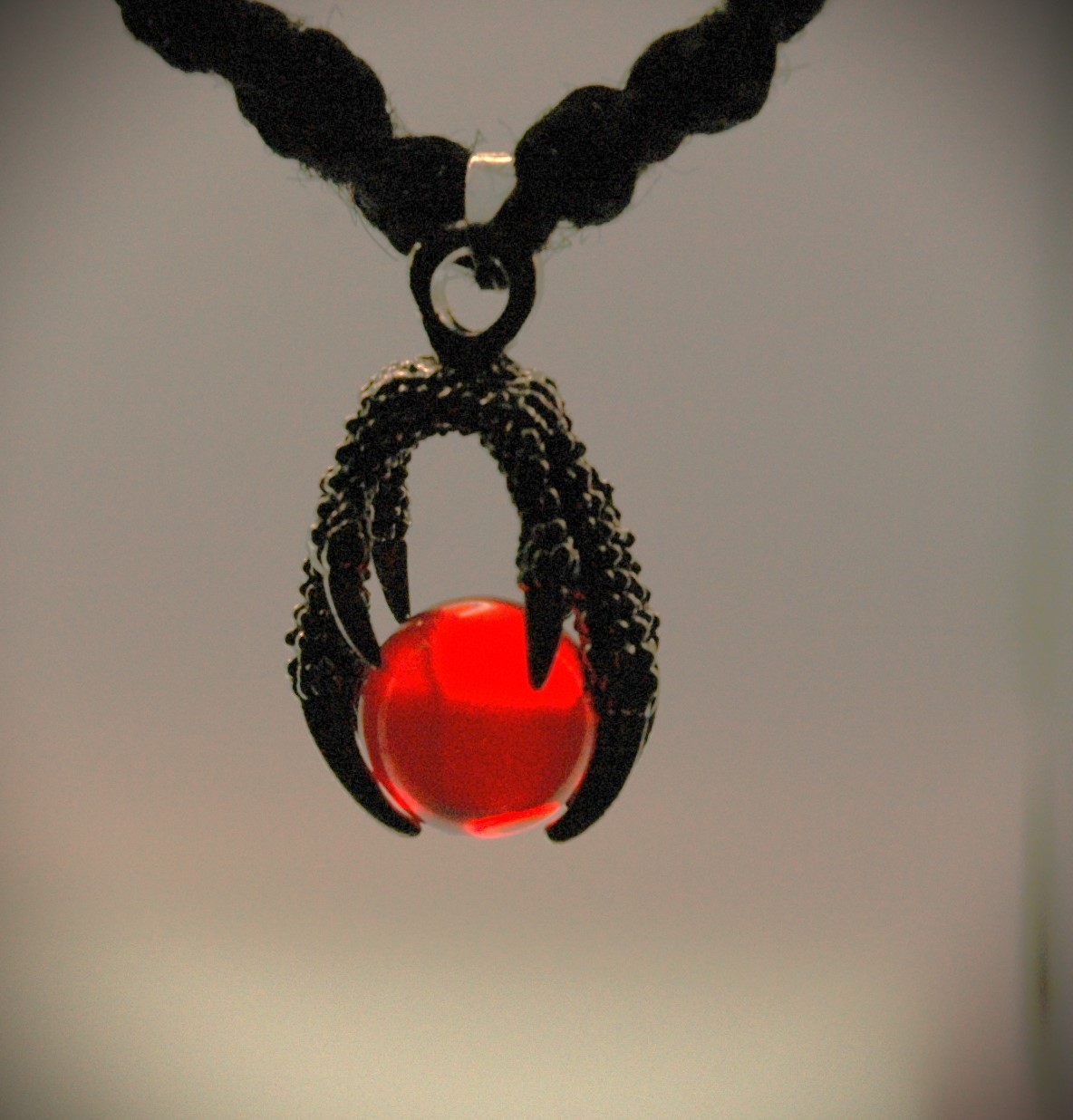 Gothic Dragon Claw Red Orb on a Handmade Black Hemp Necklace 20 1/2″