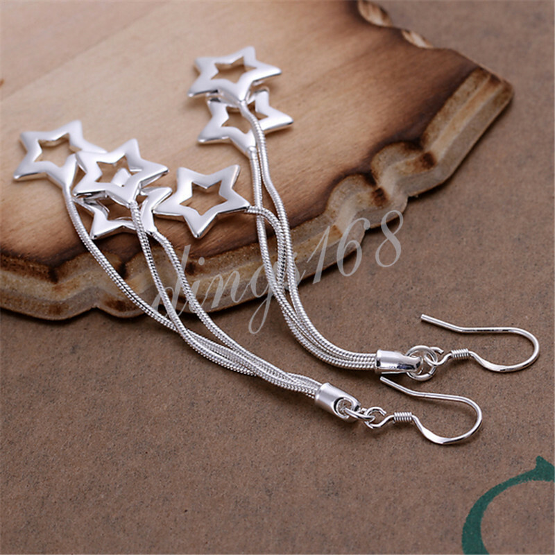 925 Sterling Silver Tarnish-Resist 3 Open Star 3″ Very Long Dangle Earrings C867