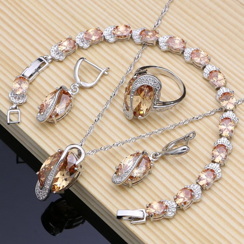 925 Silver Champagne Zircon Bridal Jewelry Set Necklace Earrings Ring Bracelet