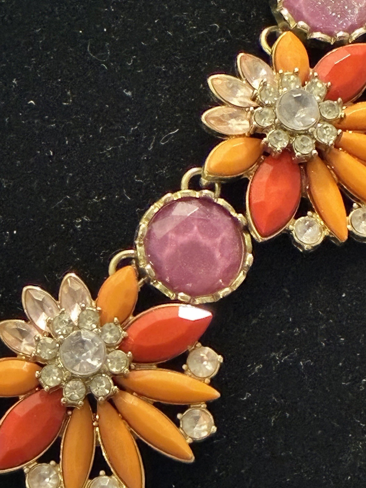 Chunky Floral Bib Statement Necklace Gold Tone Orange Pink Rhinestone Flower 20″