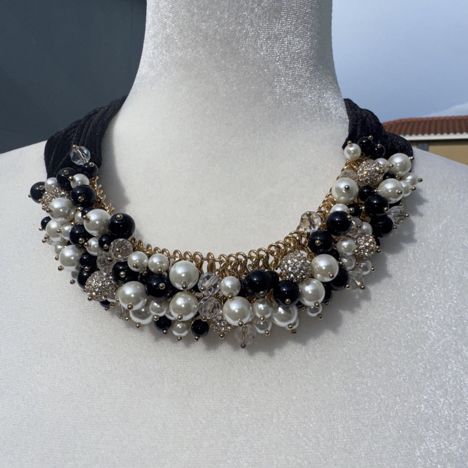 Talbots Black Velvet Gold Tone Faux Pearl CZ Beaded Cluster Necklace 21″ NWT