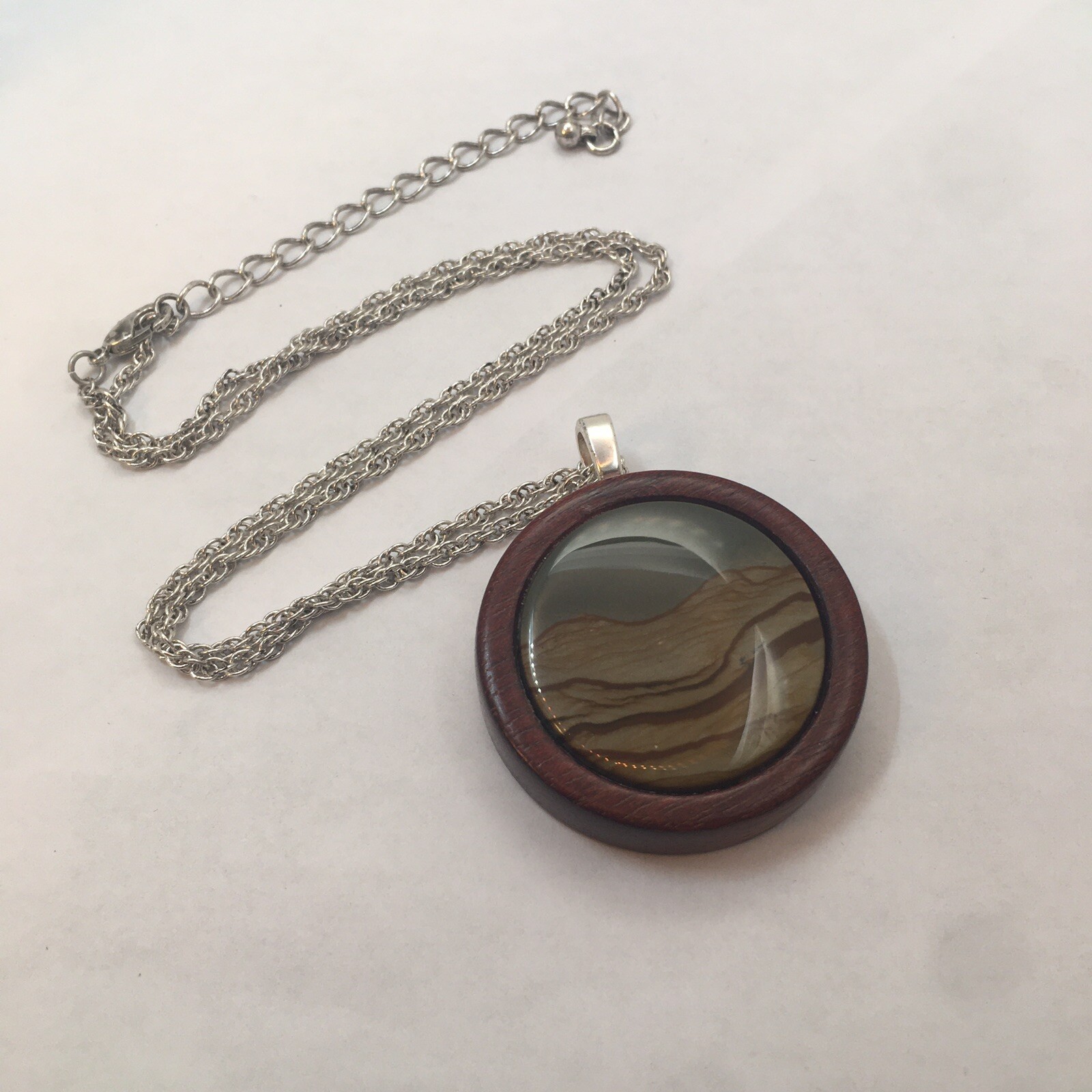 Wood Round Pendant w/ Silver Tone 19in. + 3in. extended Chain – Boho, Natural, 