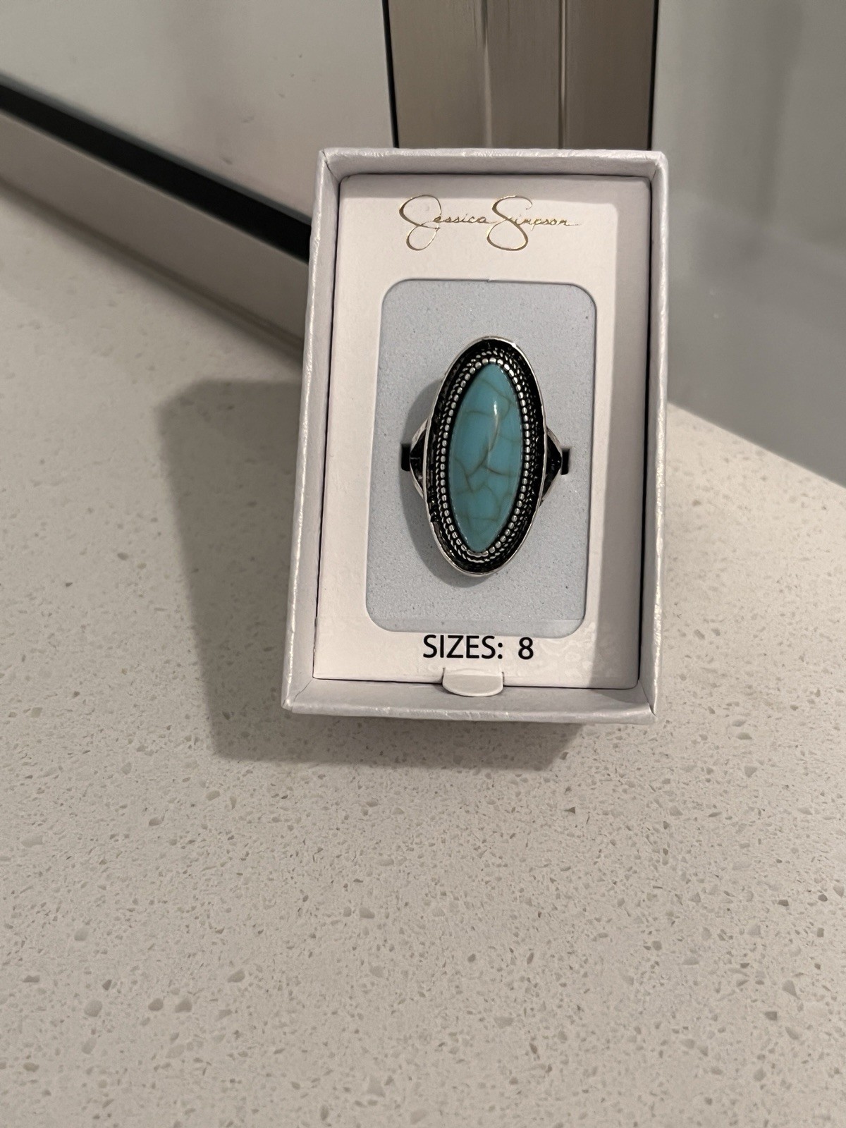 Jessica Simpson Oval Blue Turquoise Bezel Cocktail Ring Silver Tone Signed Sz 8