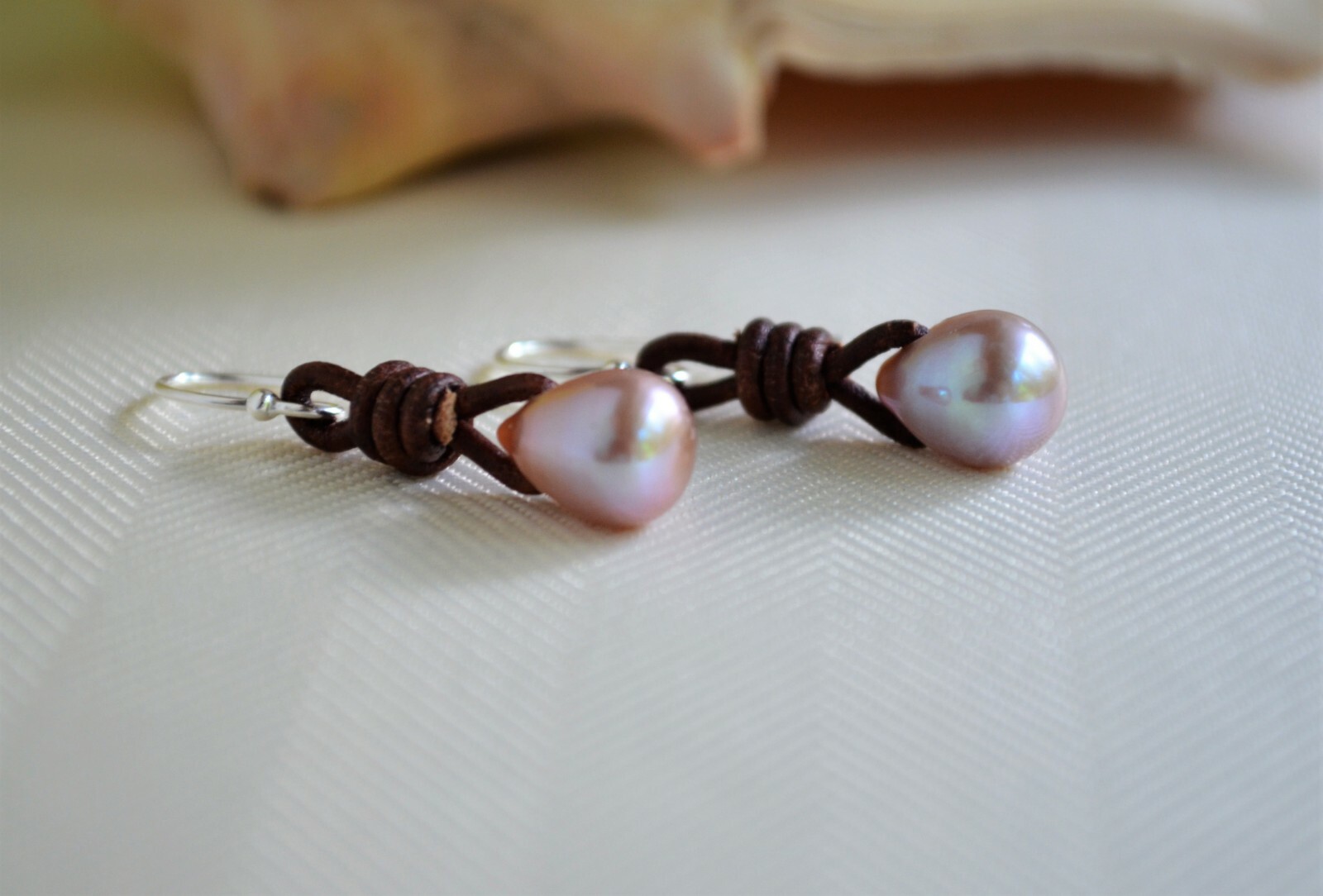 Tea Drop Pearl Earrings Lavender Pearls on Leather Earrings Boho Earrings Yevga