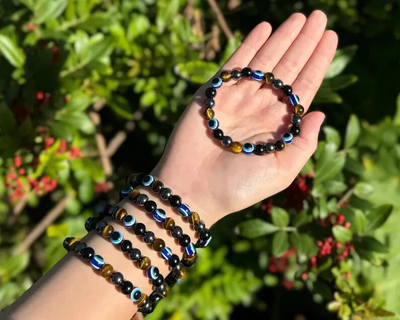 Evil Eye Triple Protection Bracelet – Gold Tiger Eye, Black Obsidian, & Hematite