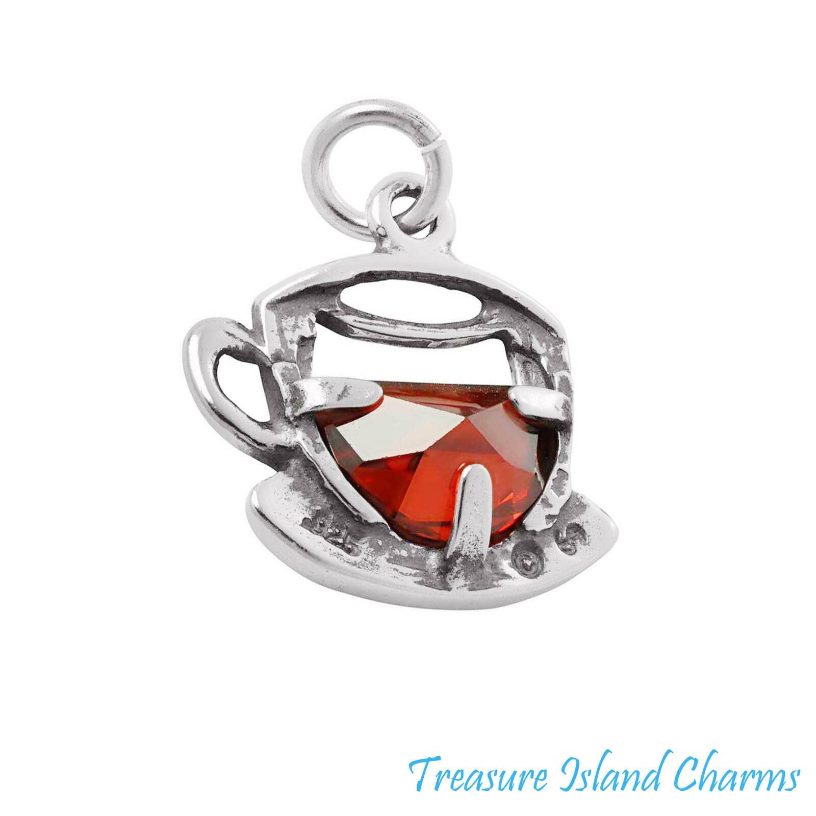 Tea Cup and Saucer with Brown CZ Crystal 925 Sterling Silver Charm MADE IN USA
