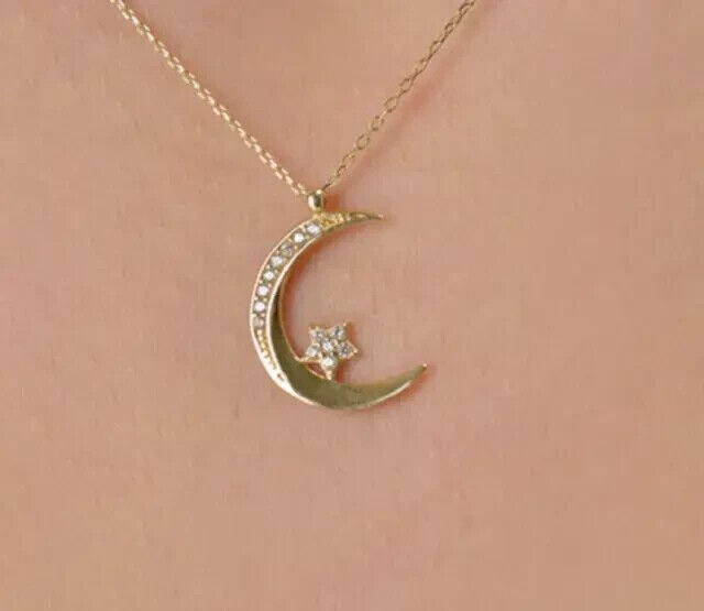 Round Cut Simulated Diamond 14k Yellow Gold Plated Stunning Moon/Star Pendant