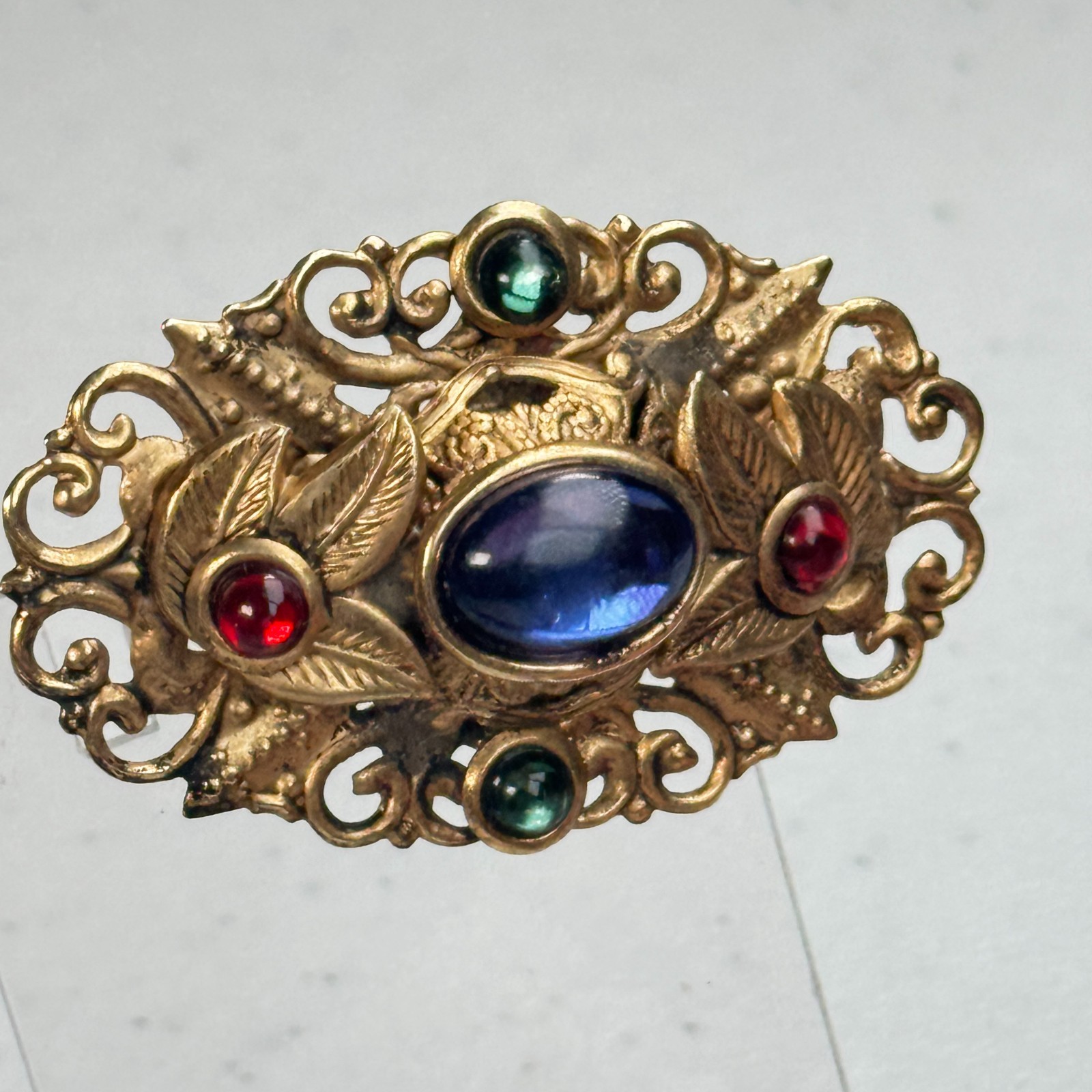 Vintage Brooch Blue Red Green jewel tone Gold Tone Ornate Floral Filigree mcm
