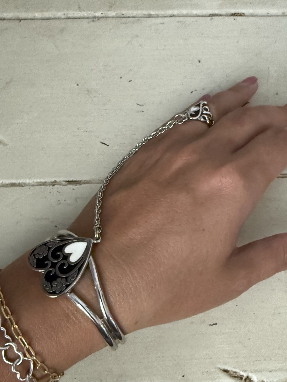 Heart Pendant Beaded Necklace & Heart Slave Bracelet Ring Set Boho Statement
