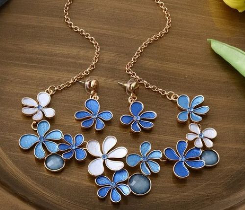 Blue pink daisy flower necklace earring set