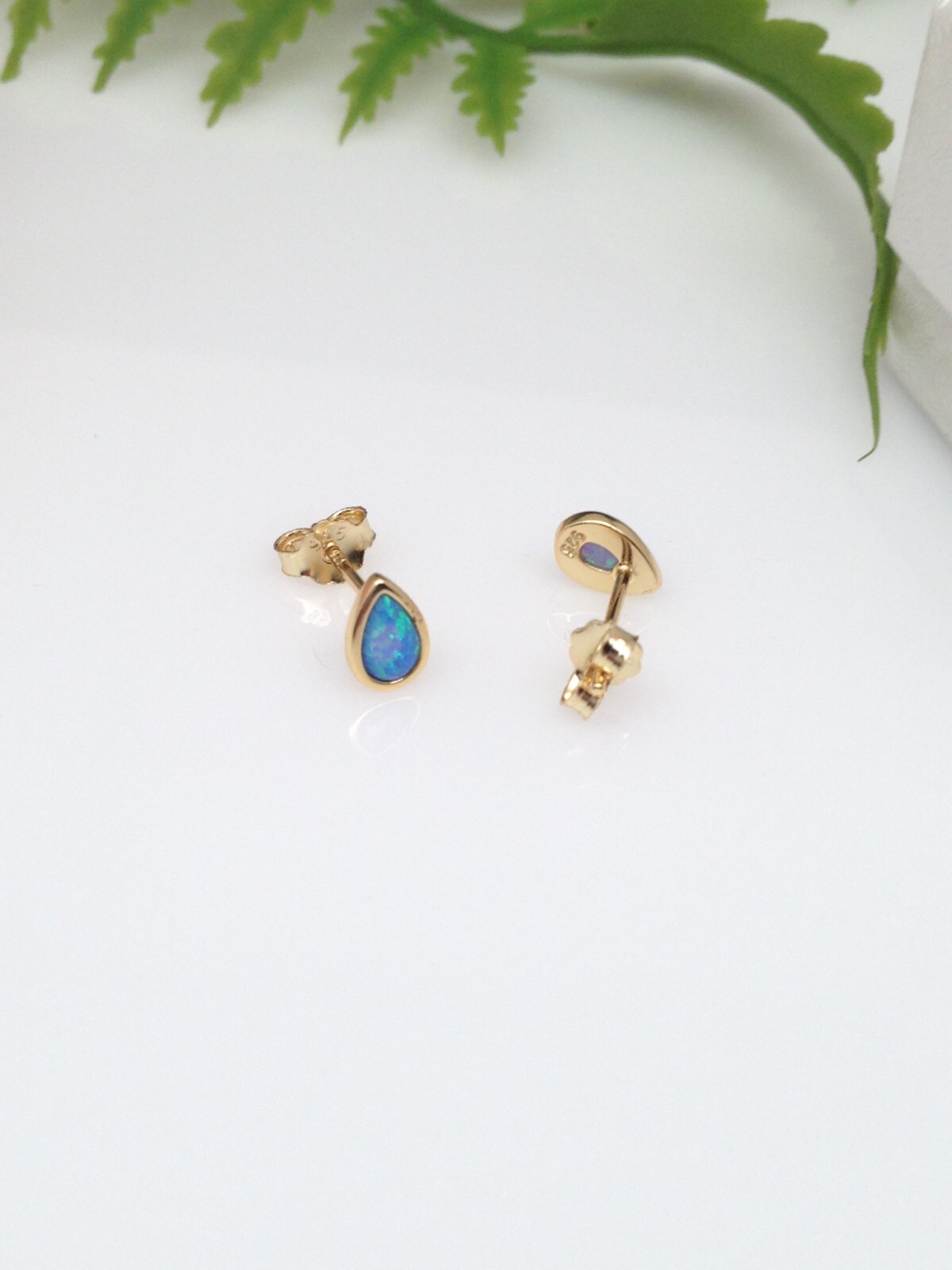 Blue Opal Teardrop Stud Earrings Sterling Silver 925 Dainty Studs Gold 5.9mm