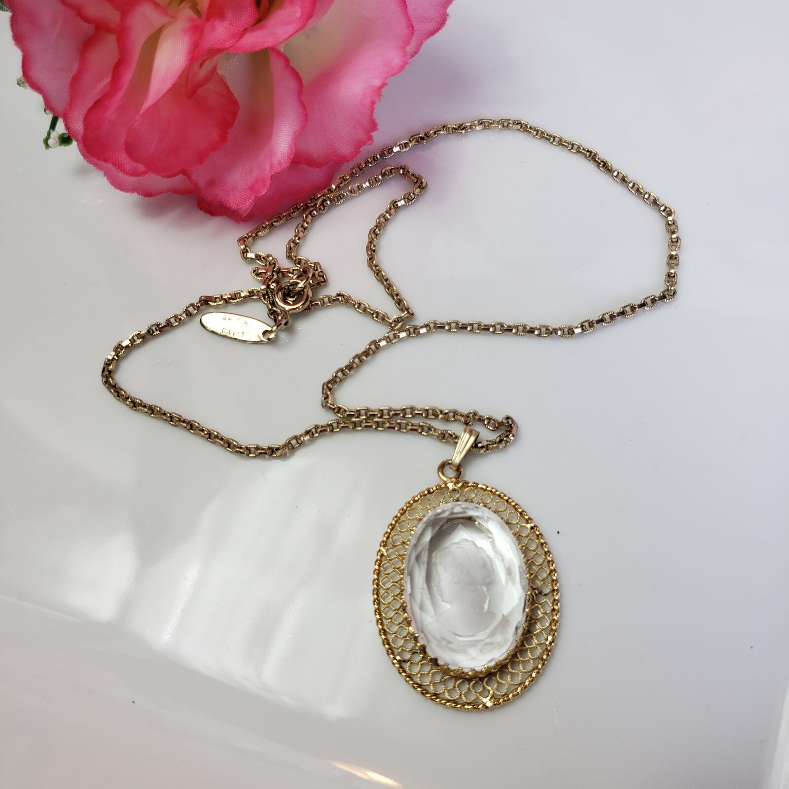 Whiting & Davis Etched Glass Cameo Pendant Necklace Gold Tone Filigree Frame