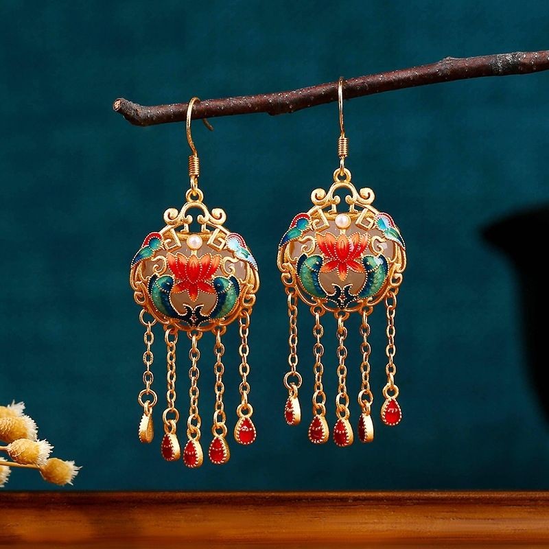 Chinese Enamel Fish Tassel Earrings Vintage Style Traditional Women Jewelry