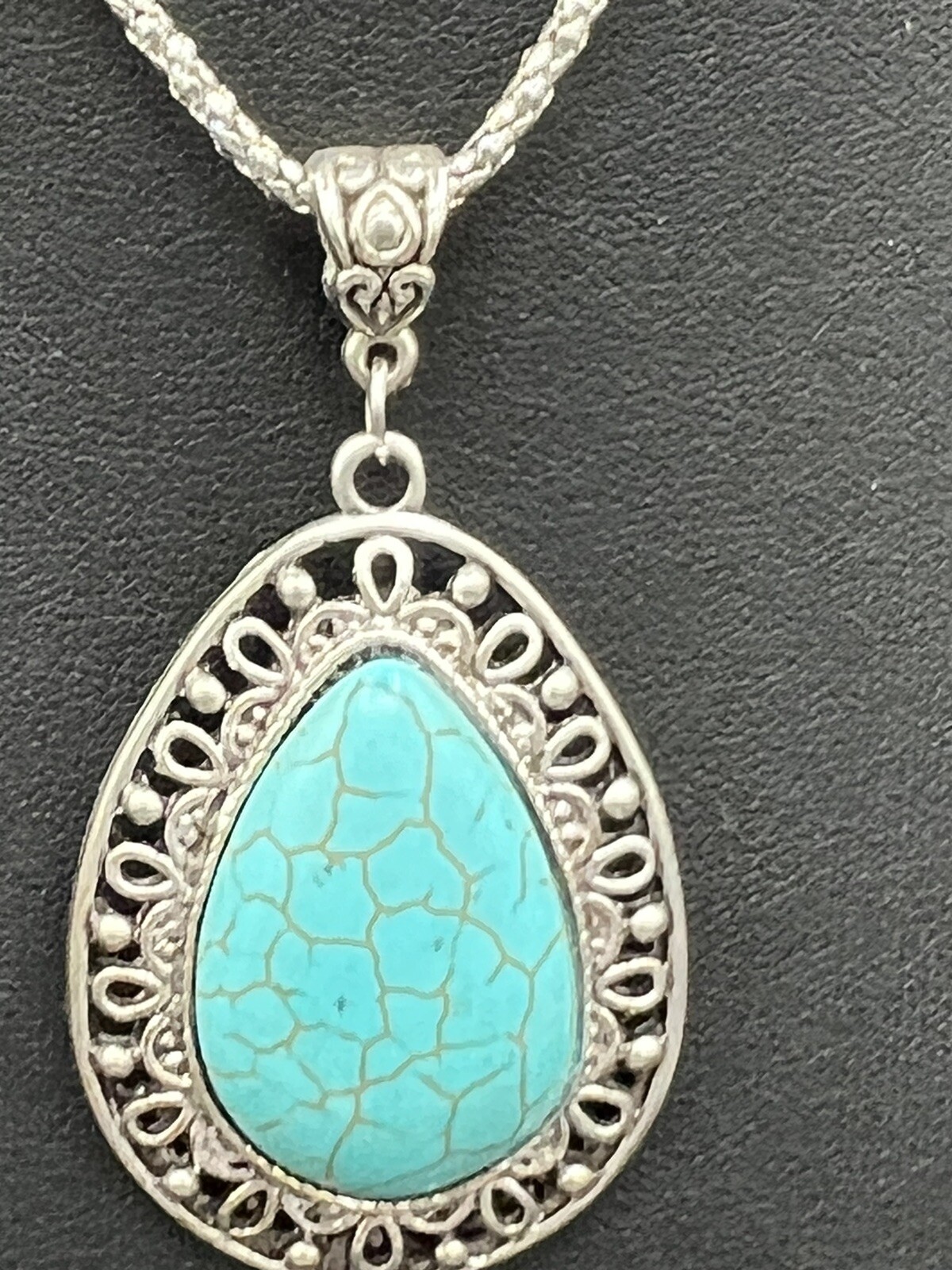 Silver Tone and Faux Turquoise Teardrop Pendant Necklace 18” + 2.5” Extender