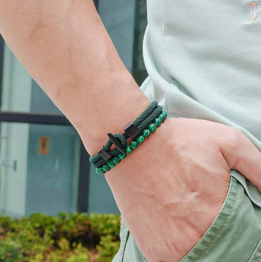 2PCS Men’s Beaded Rope Bracelet Set Tiger Eye & Malachite Stone Handmade Jewelry
