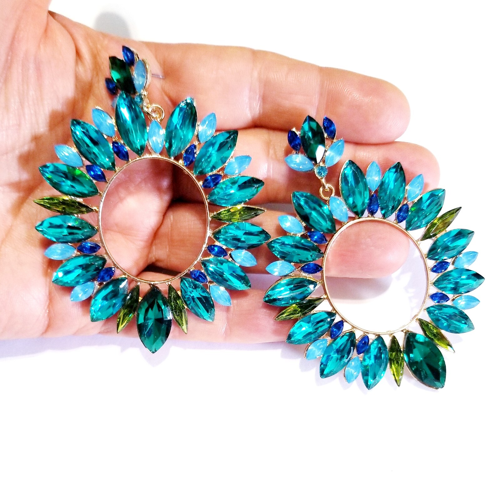 Aqua Crystal Bridesmaid Rhinestone Chandelier Drop Earrings 3.2 inch Jewelry