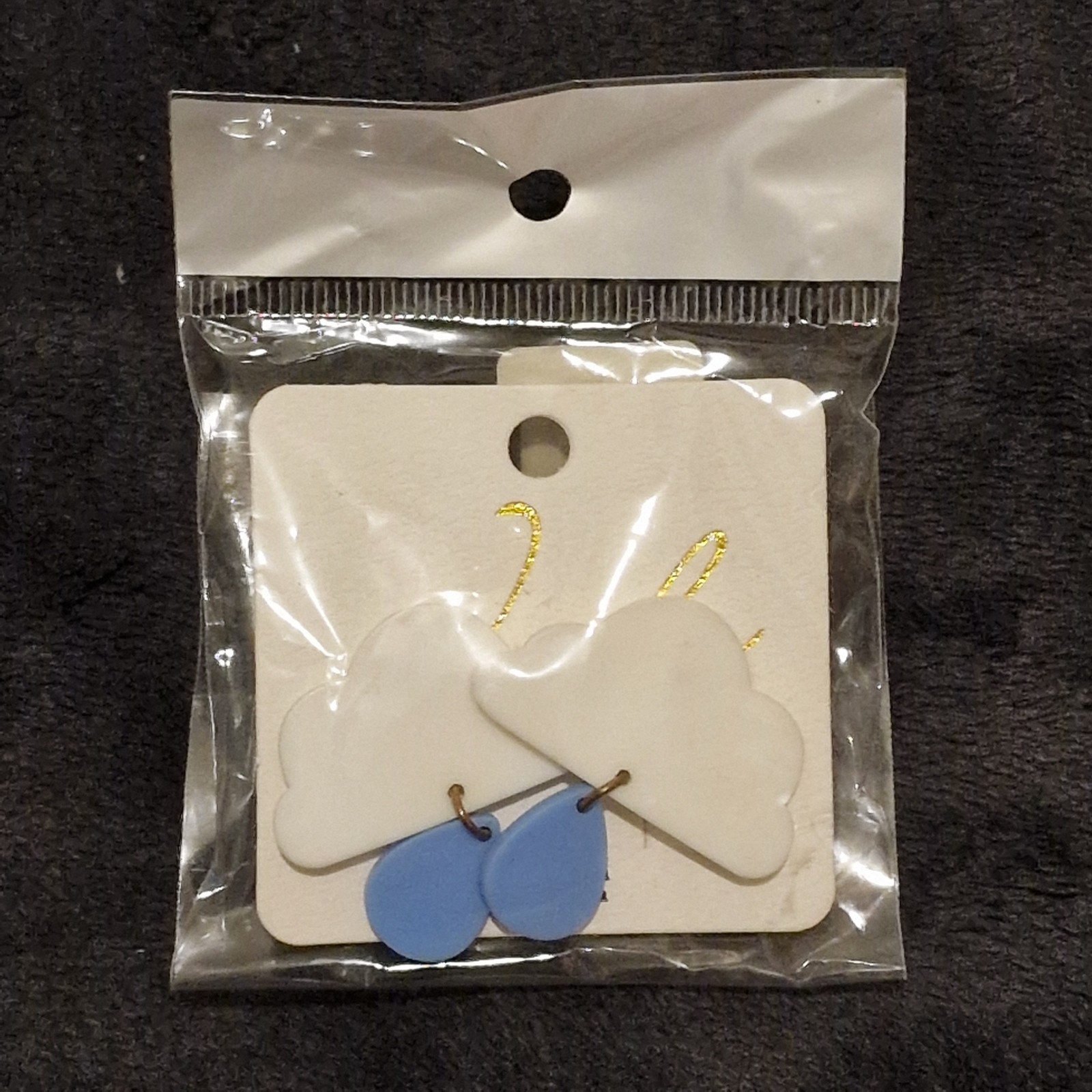 White Plastic Cloud w Light Blue Teardrop Raindrop Dangle Post Stud Earrings