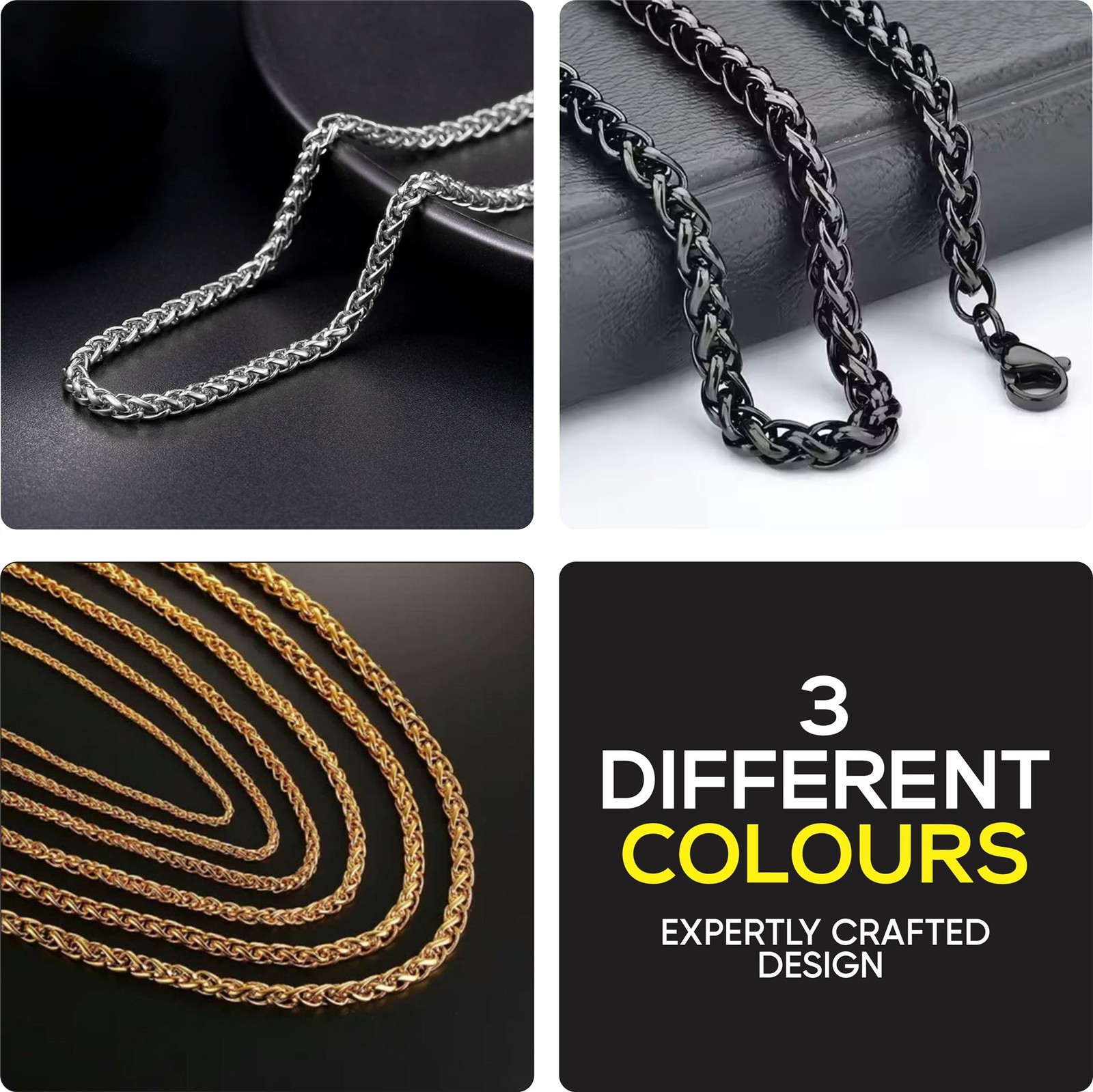 BLACK 316L STAINLESS STEEL 5MM WIDE 18″ / 45CM LONG SPIGA WHEAT ROPE KNOT CHAIN