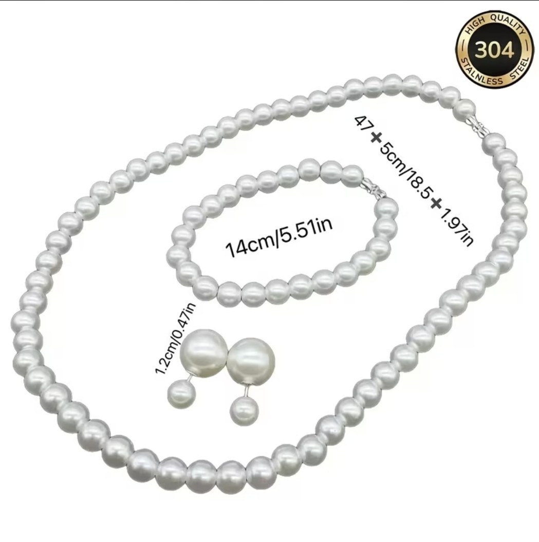 Imitation Pearl Set: Necklace Bracelet Earrings, Stainless Steel
