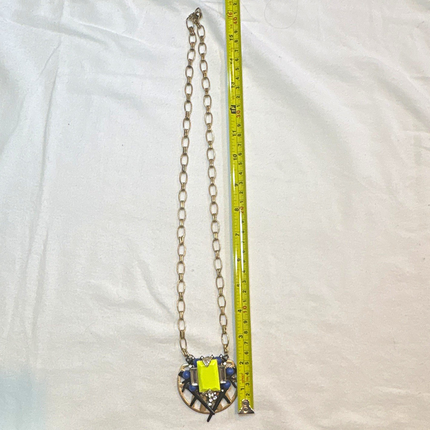 Silver Tone Cable Chain Necklace Round Charm Pendant Yellow & Blue Crystal