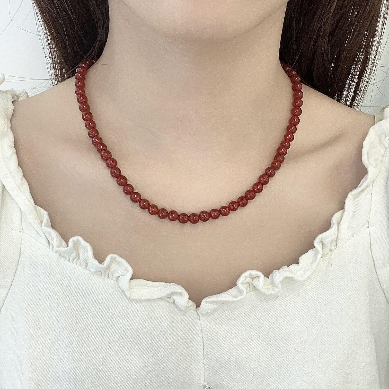Agate Choker Necklace 6mm Round Beads Sterling Silver 40cm + 5cm Extender