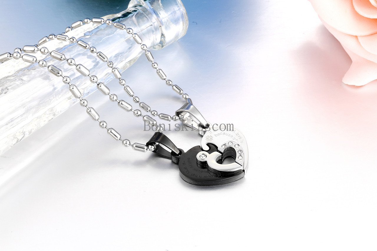 His and Hers Stainless Steel Couple Heart Love Promise Pendant Necklaces 2pcs