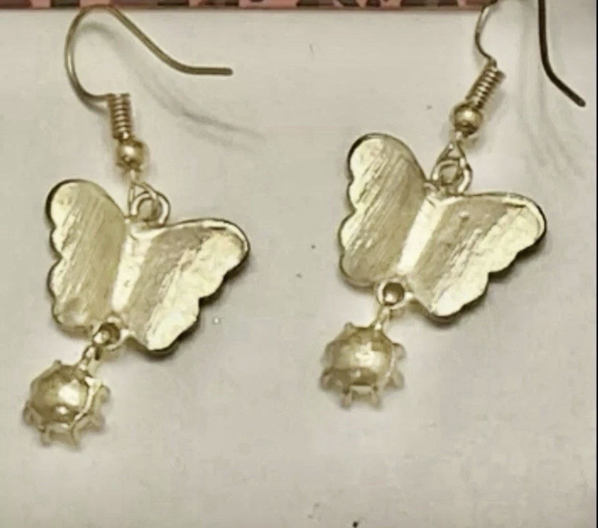 Gold Tone Blue Pink Enamel Rhinestone Butterfly Dangle Earrings NWOT
