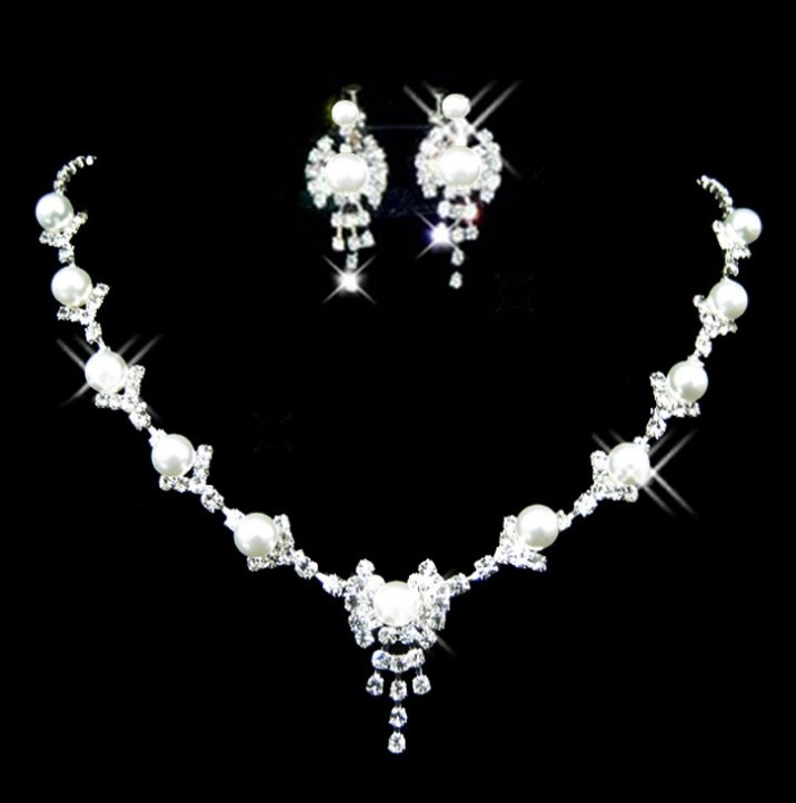 Bridal Wedding Rhinestone Crystal Pearl Necklace Stud Earrings Jewelry Set Party