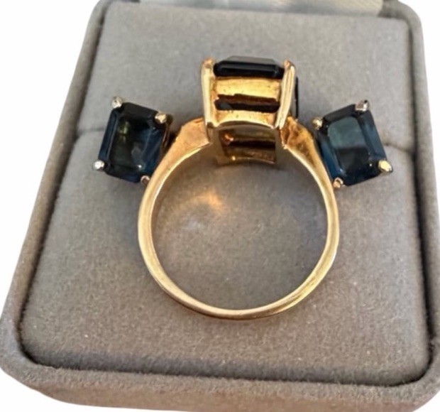 Gold Tone Emerald Cut Blue Ring Earrings Set Jewelry Square Vintage Sz 6.75