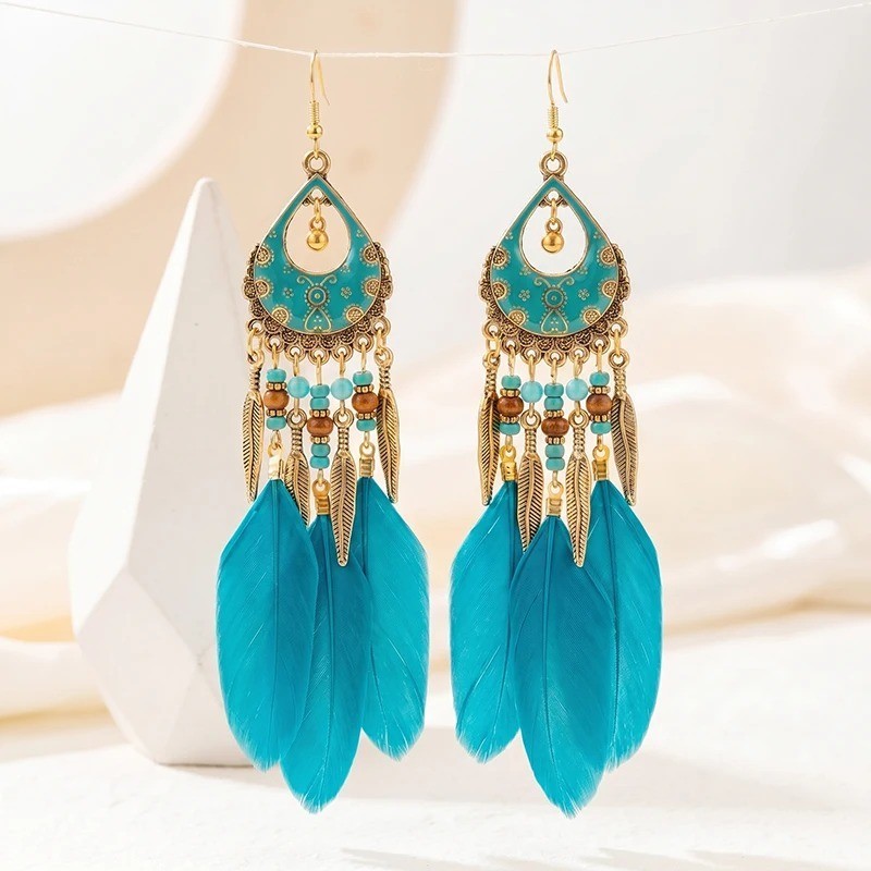 Handmade Bohemian Charm Colorful Feather Retro Design Beaded Long Earrings Women